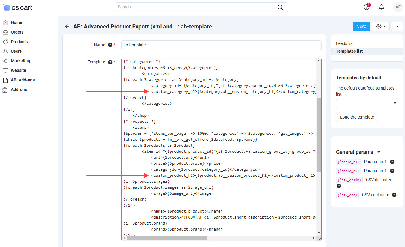 Example of the code in the template