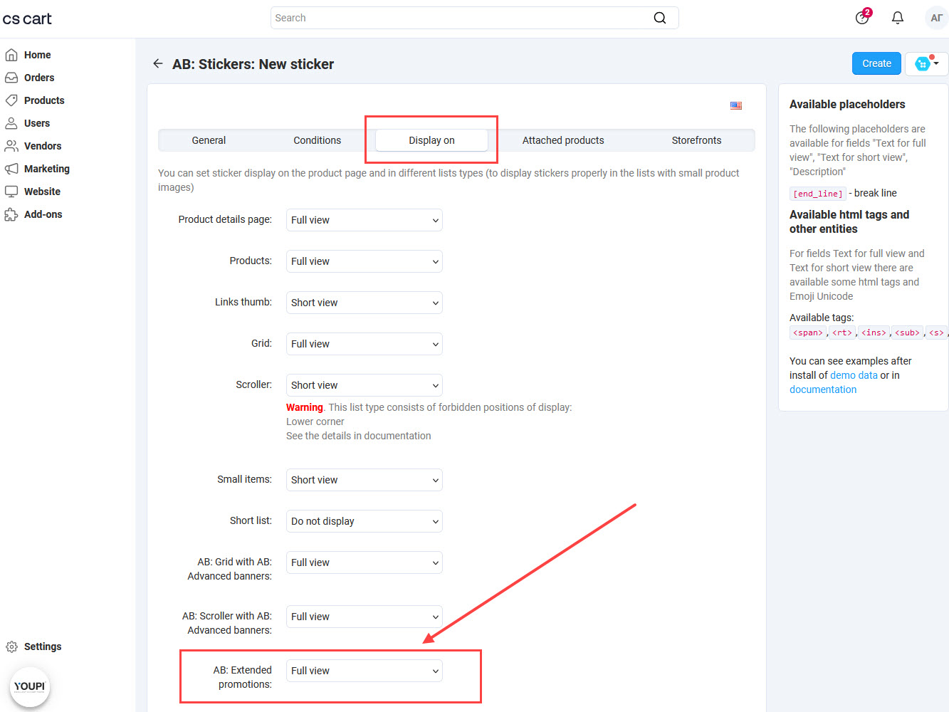 Editing sticker page, tab "Display on"