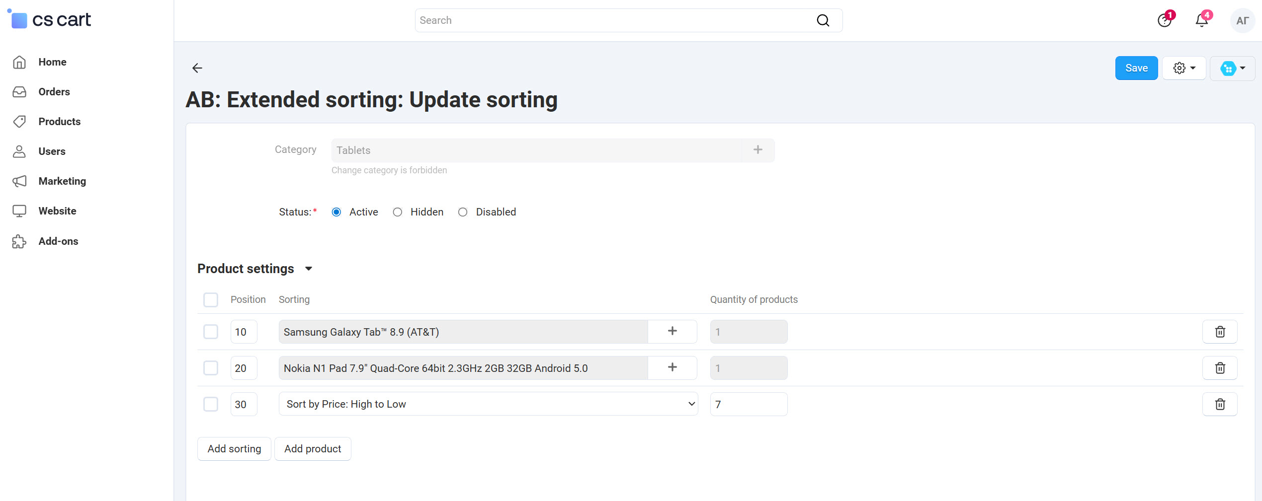 Example of product sorting for the "Tablets" category