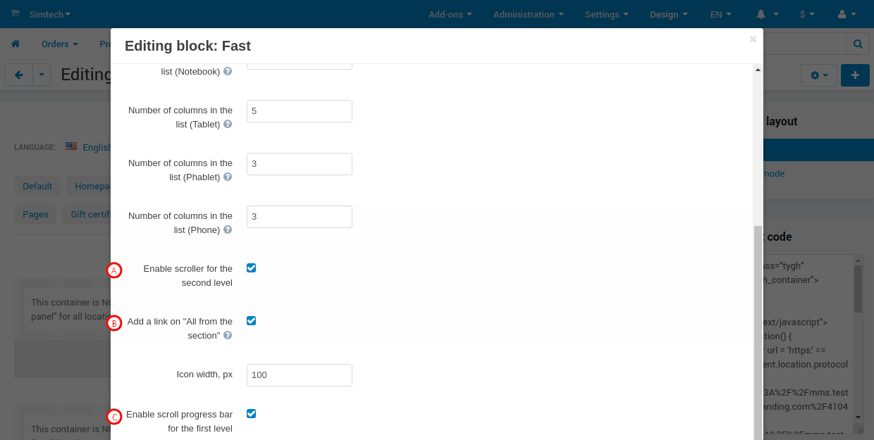 Menu settings of the second level