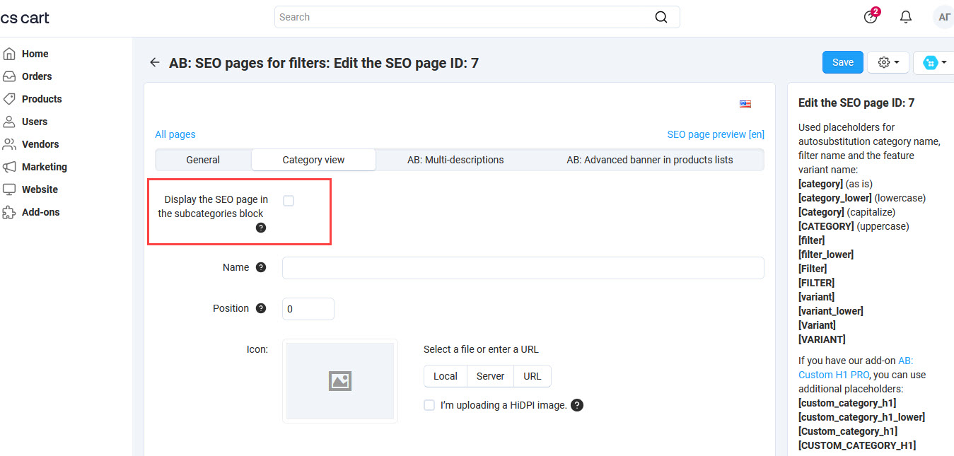 Setting on SEO page for filter