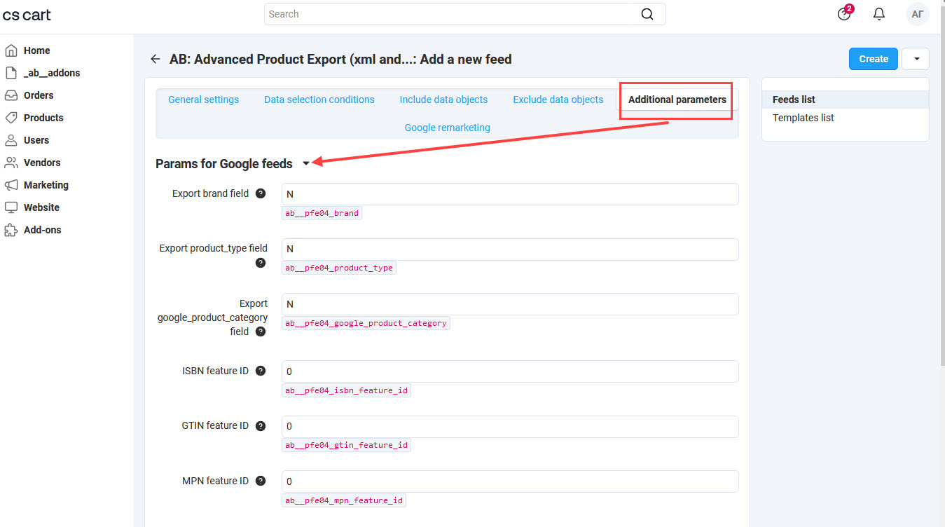 Editing of the additional feed settings