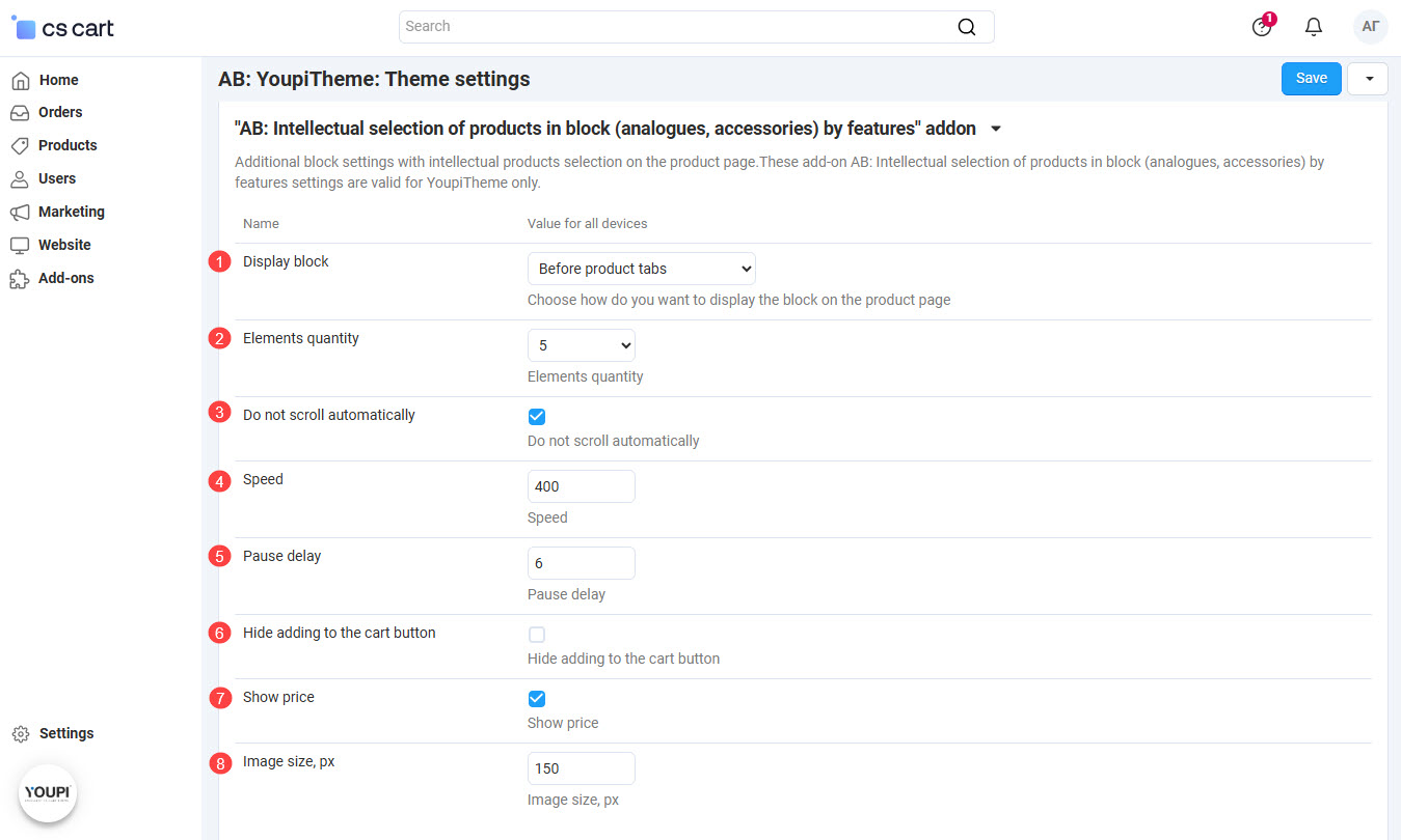 Settings added by add-on Intellectual selection of products in block (analogues, accessories) by features