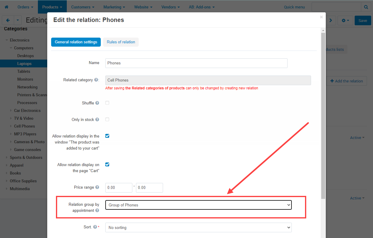 Group selection for relation of products