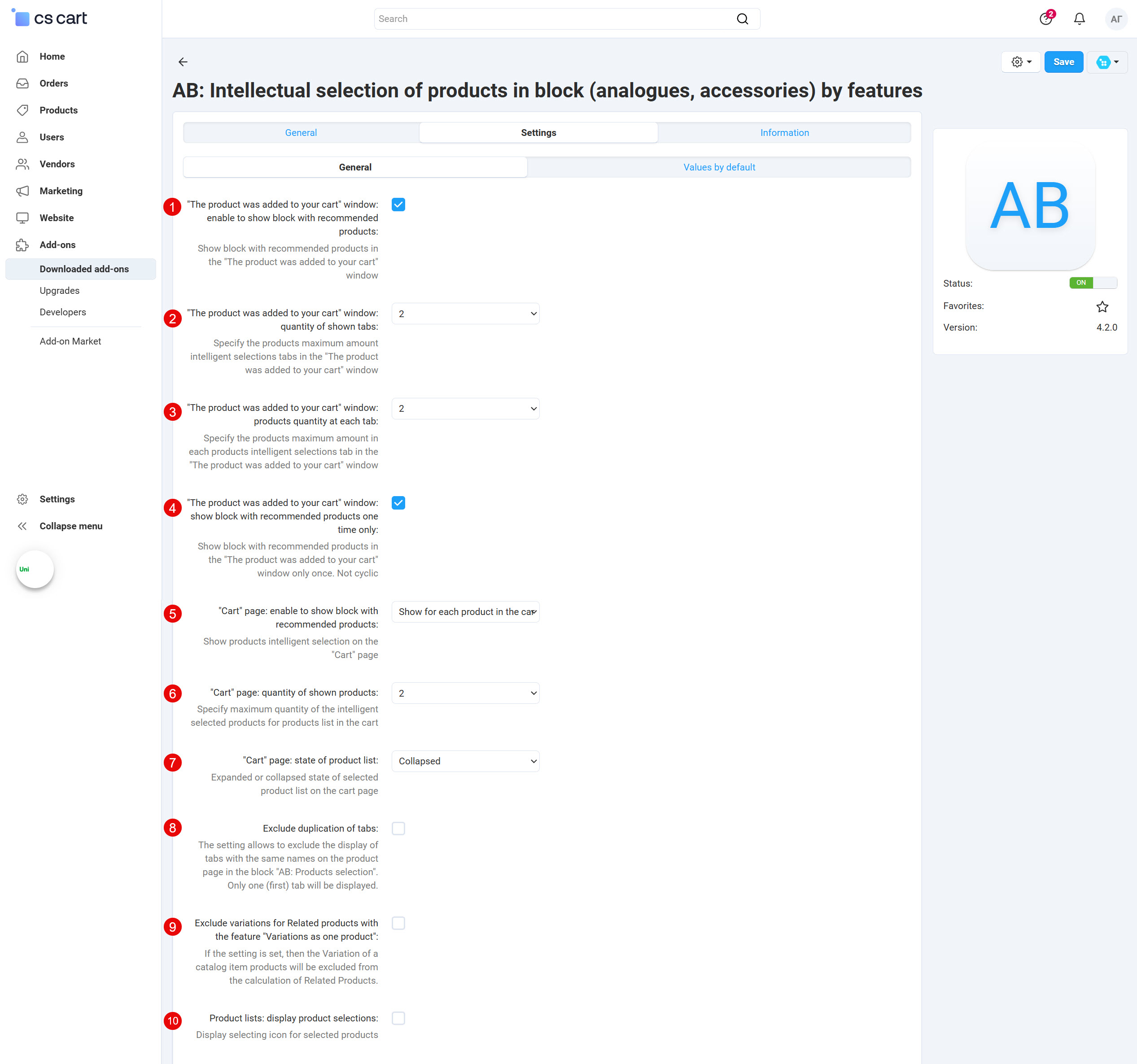 Add-on general settings window