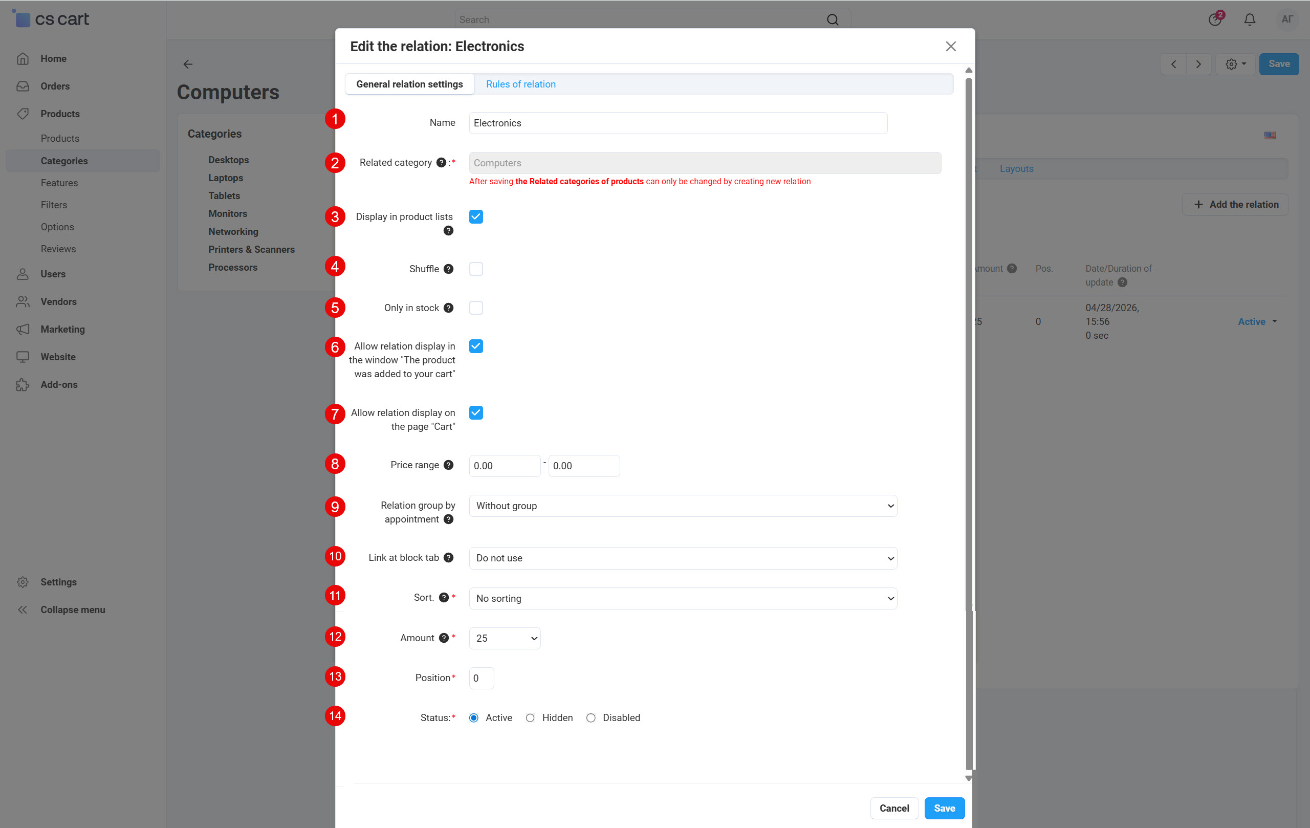 Settings of the Relation page