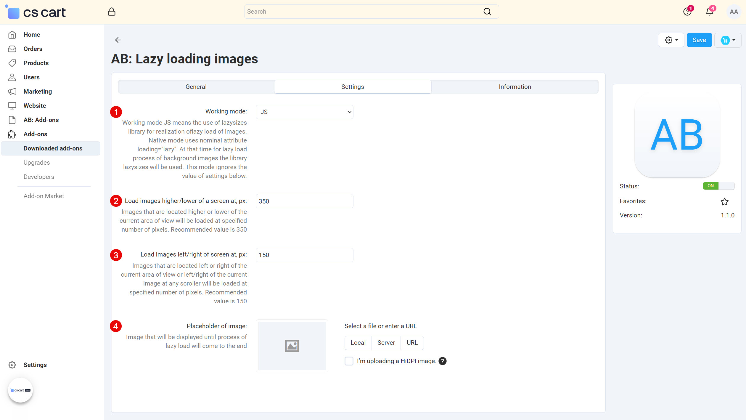 Page with add-on settings