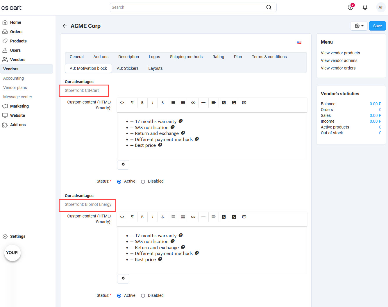 Split elements for each storefront