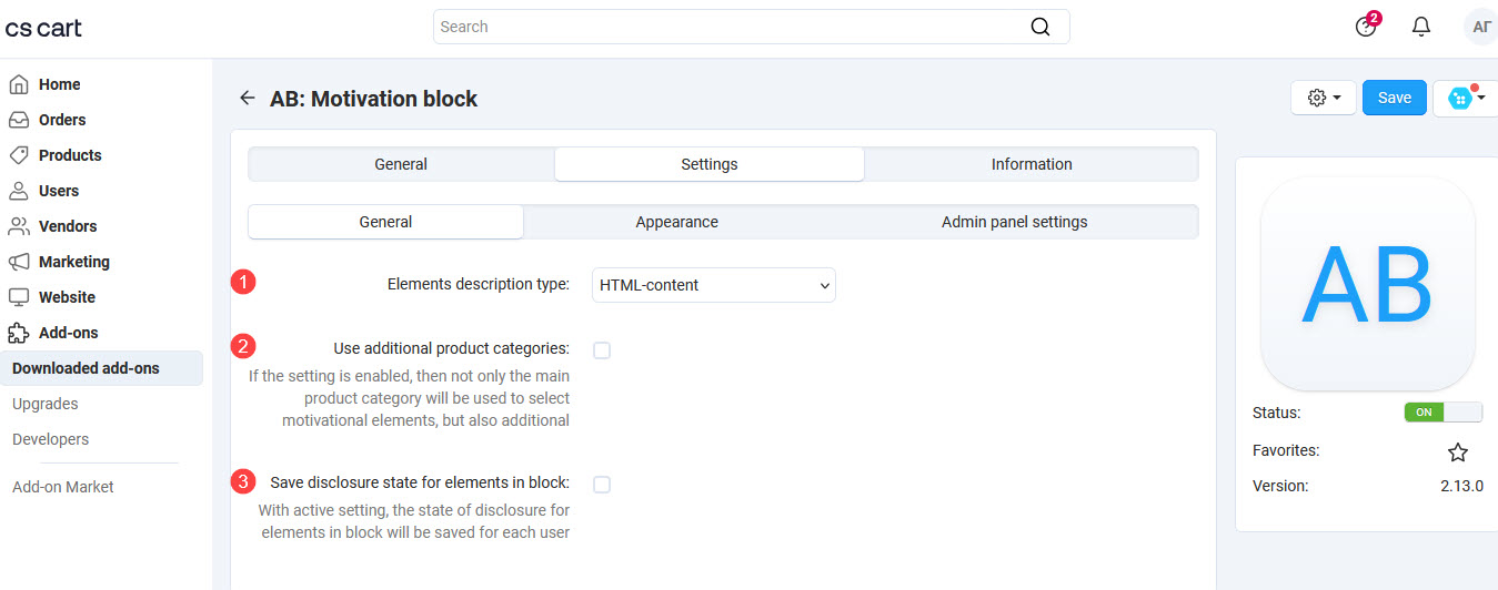 'General' settings tab