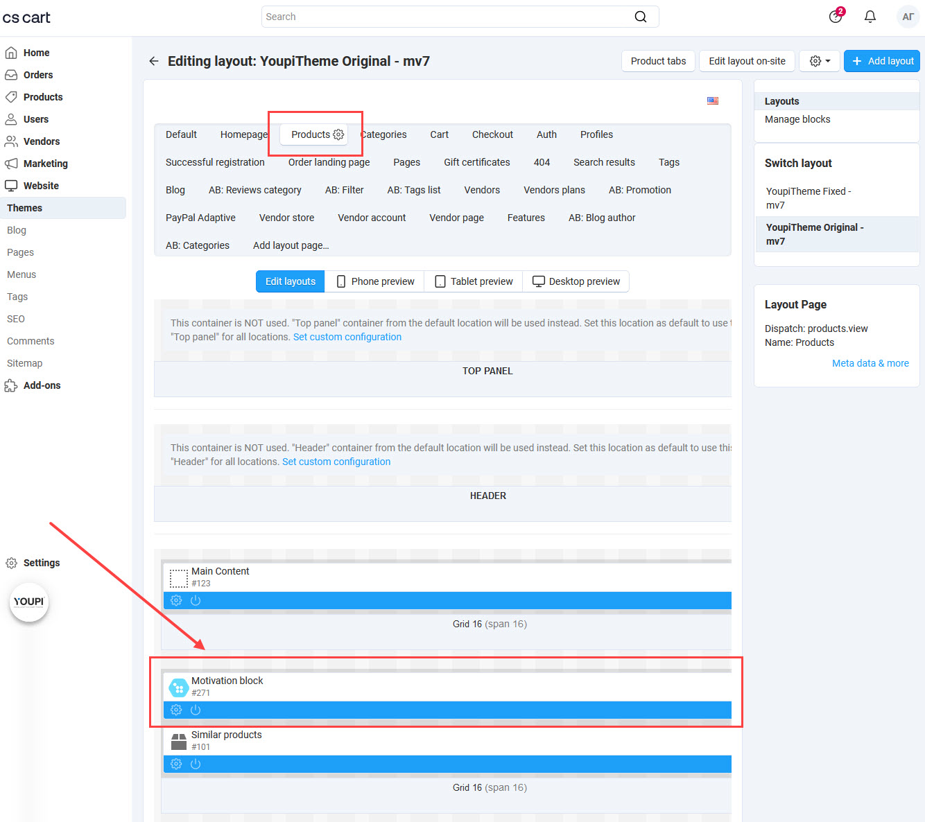 Settin block in layout
