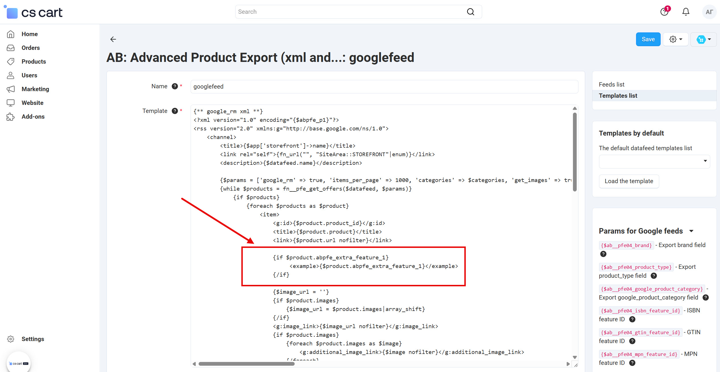 Code with parameter at feed template