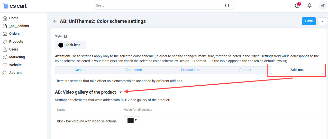 Setting of color of the block with video selections