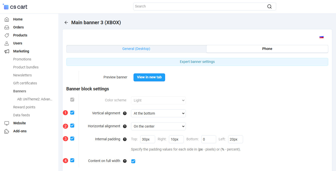 Block settings window