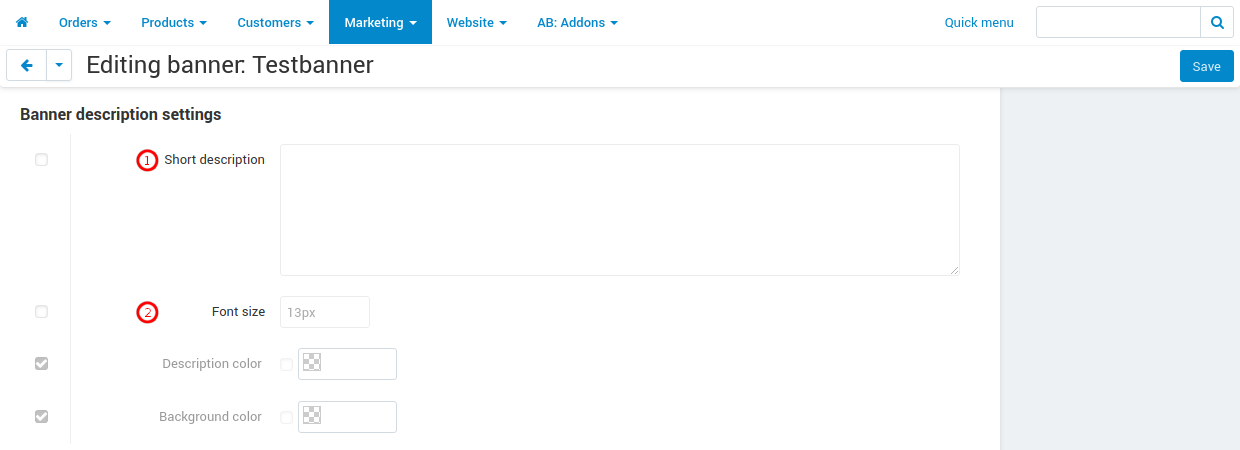 Description settings window Description settings window