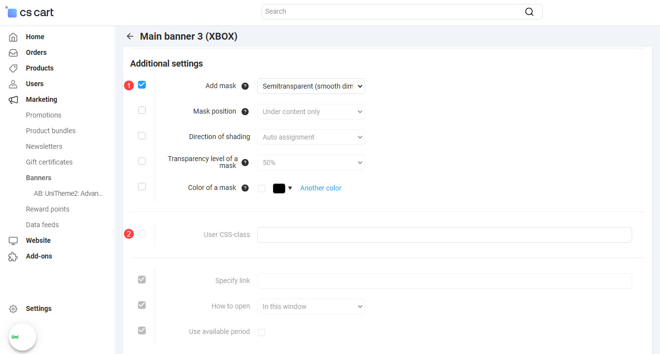 Additional settings window