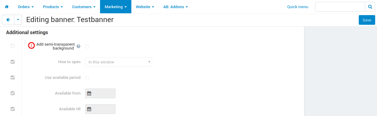Additional settings window Additional settings window