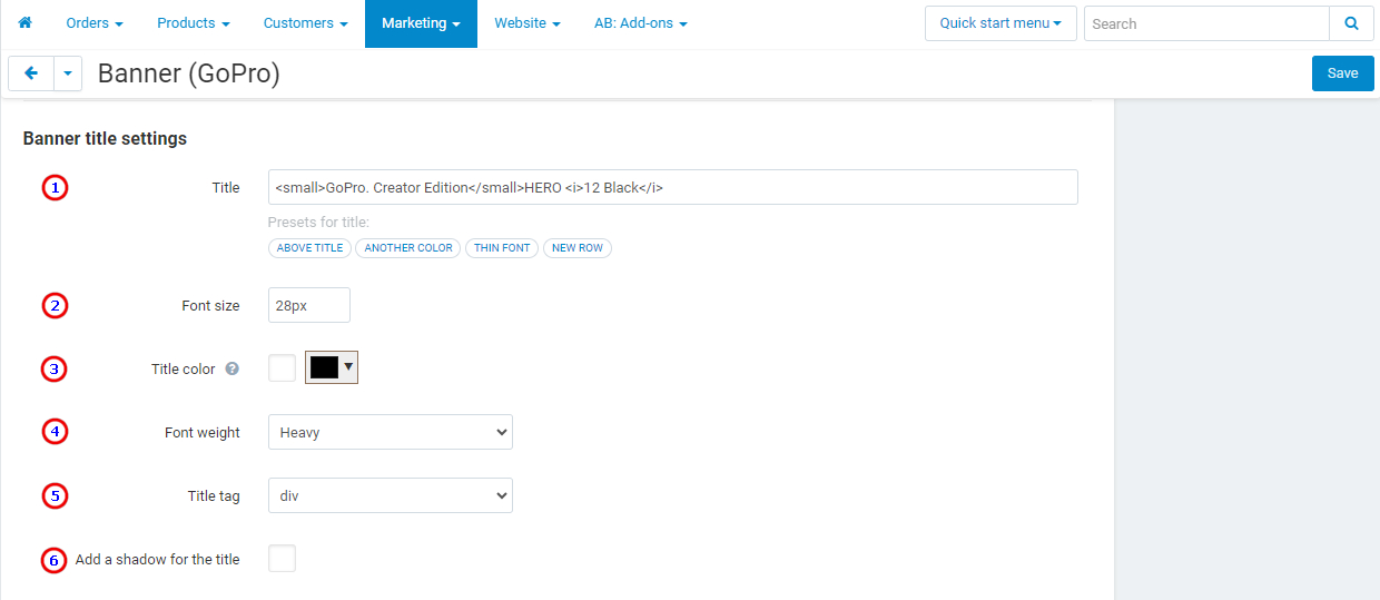 Title settings window