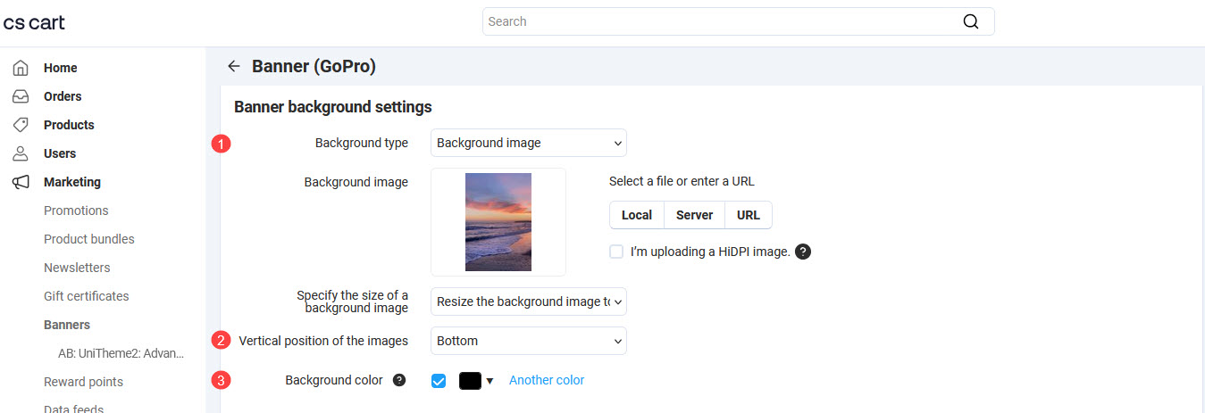 Image of settings of the banner background