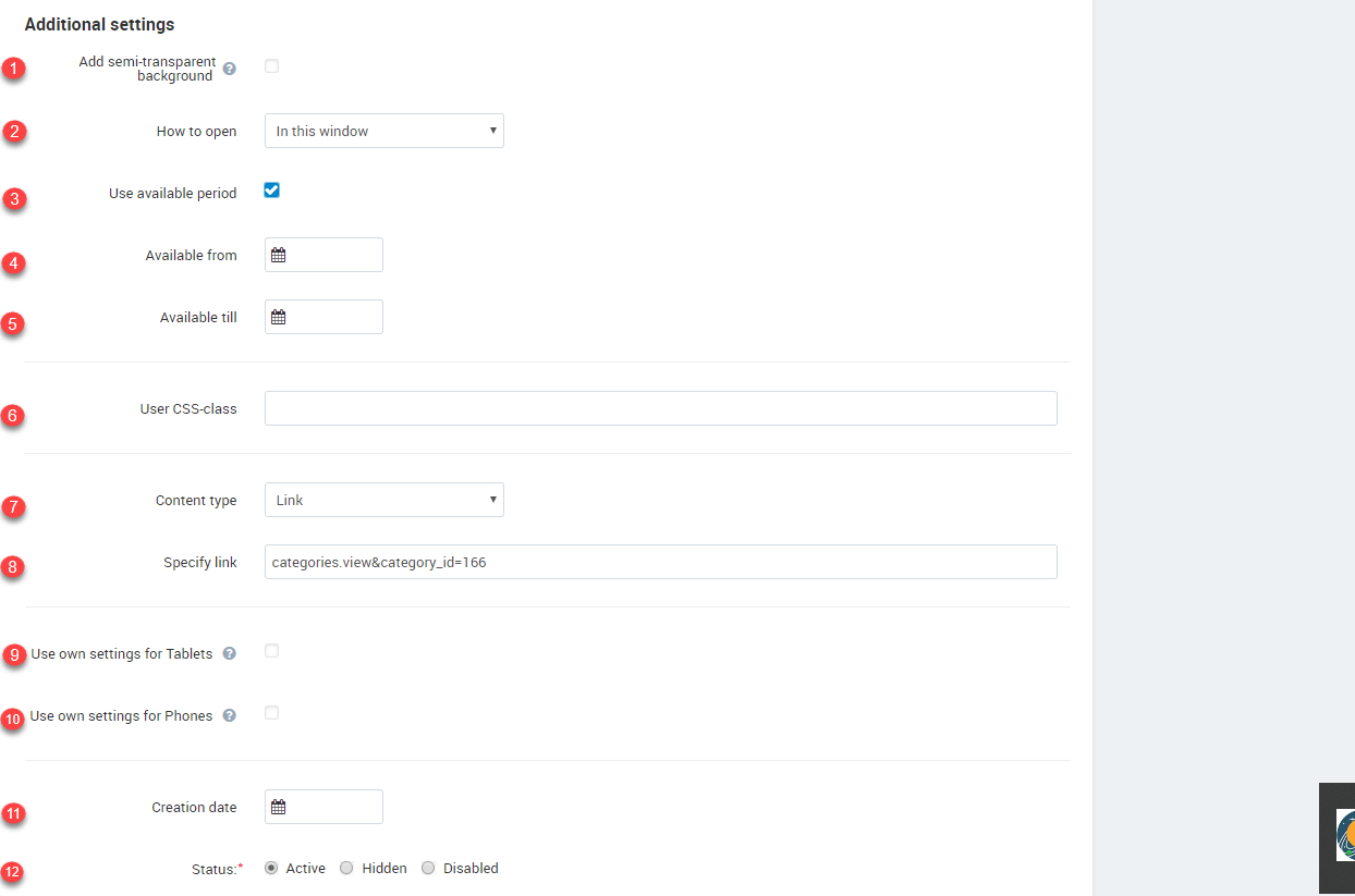 Additional settings window Additional settings window