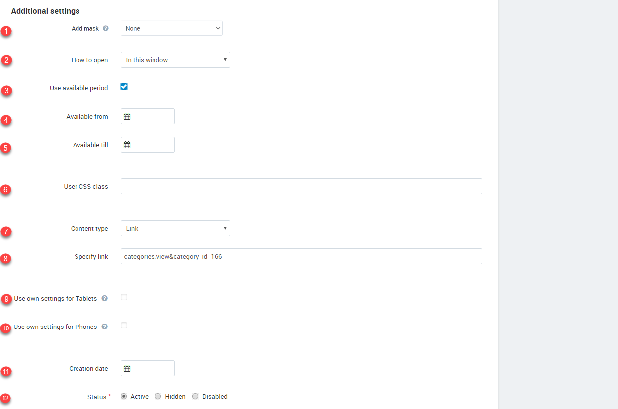 Additional settings window Additional settings window