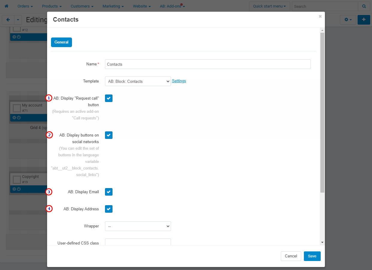 Settings of the block "AB: Contacts"