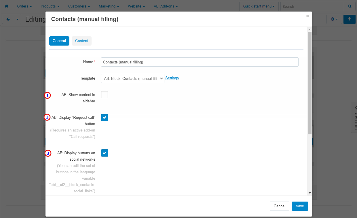 Settings of the block "AB: Contacts (manual filling)"
