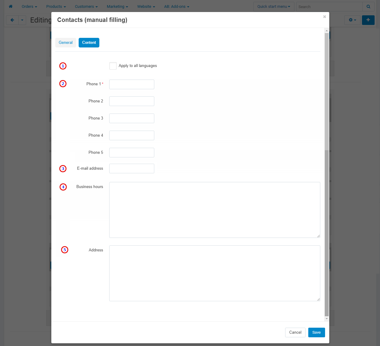 Content of the block "AB: Contacts (manual filling)"