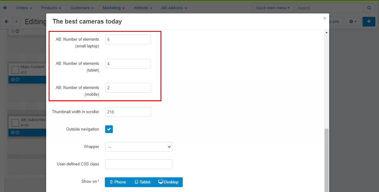 Extra settings for product block with the template "Scroller"