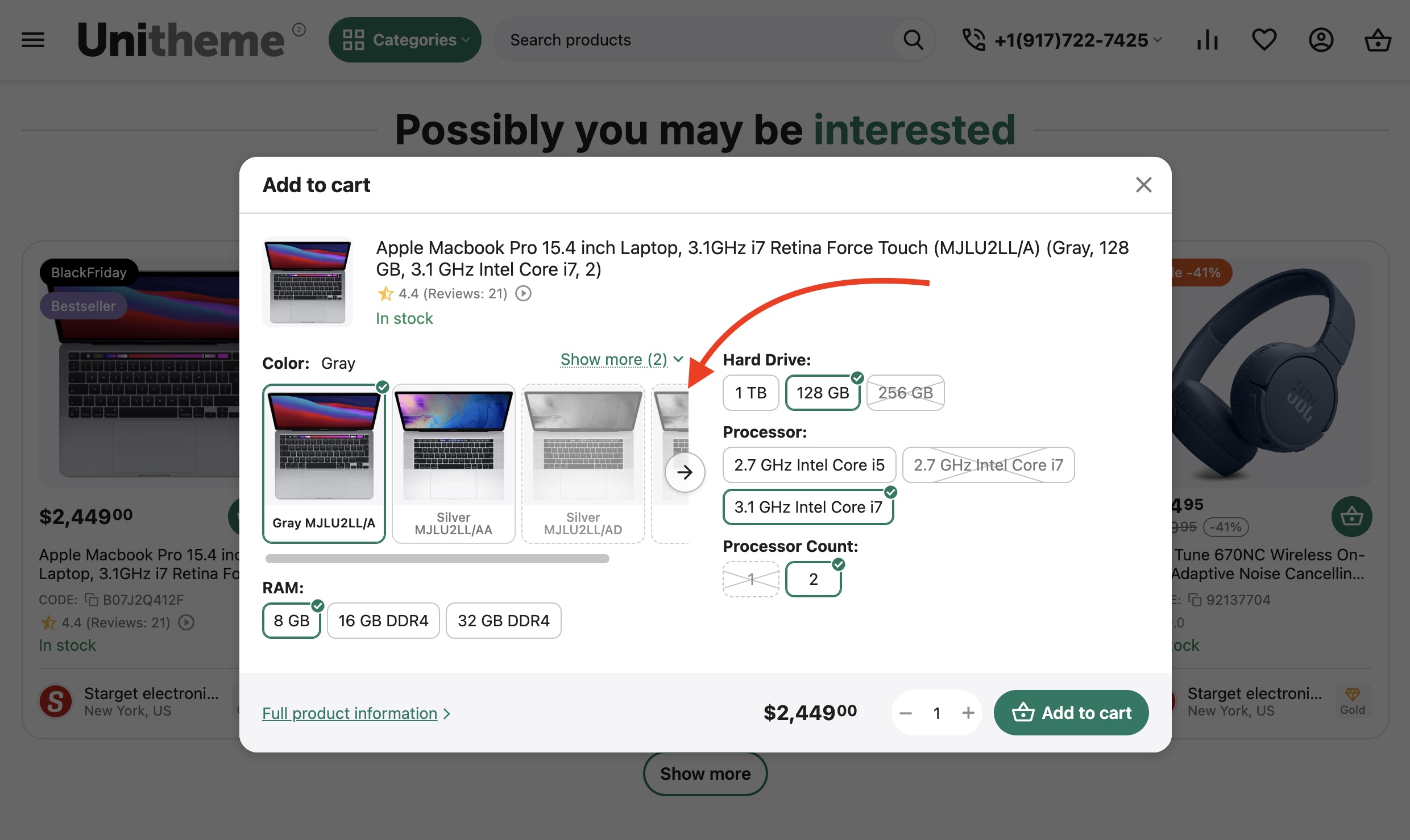 Example of setting on the storefront
