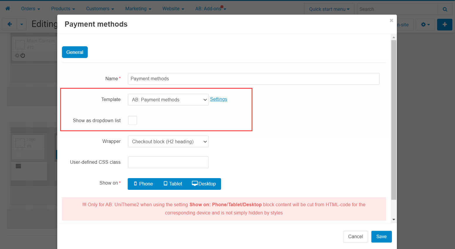 Extra view template in the block "Payment methods" from UniTheme2