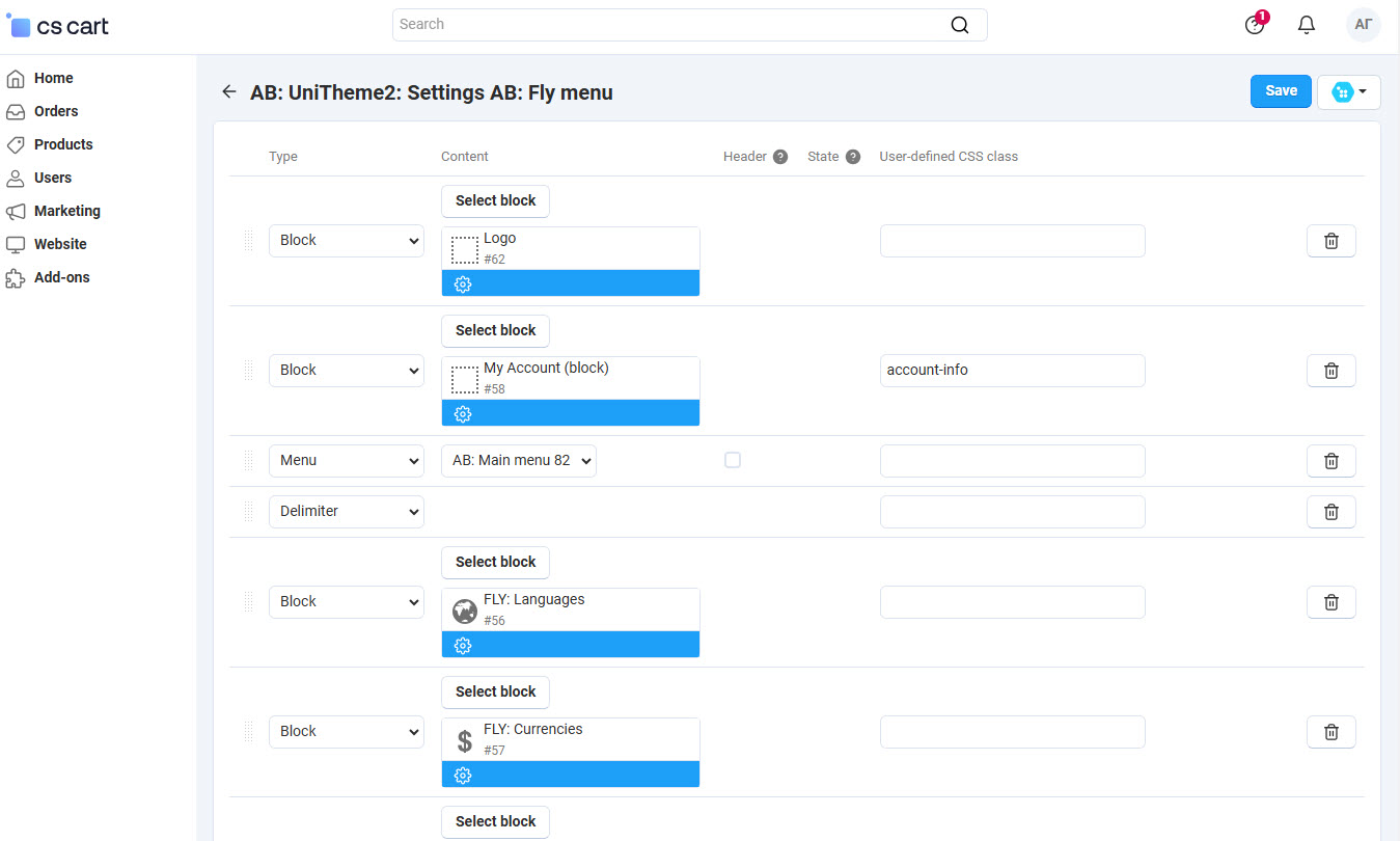 Content settings of "Fly menu"