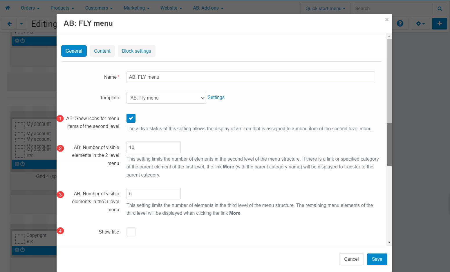 Settings of the "Fly menu" block Settings of the "Fly menu" block