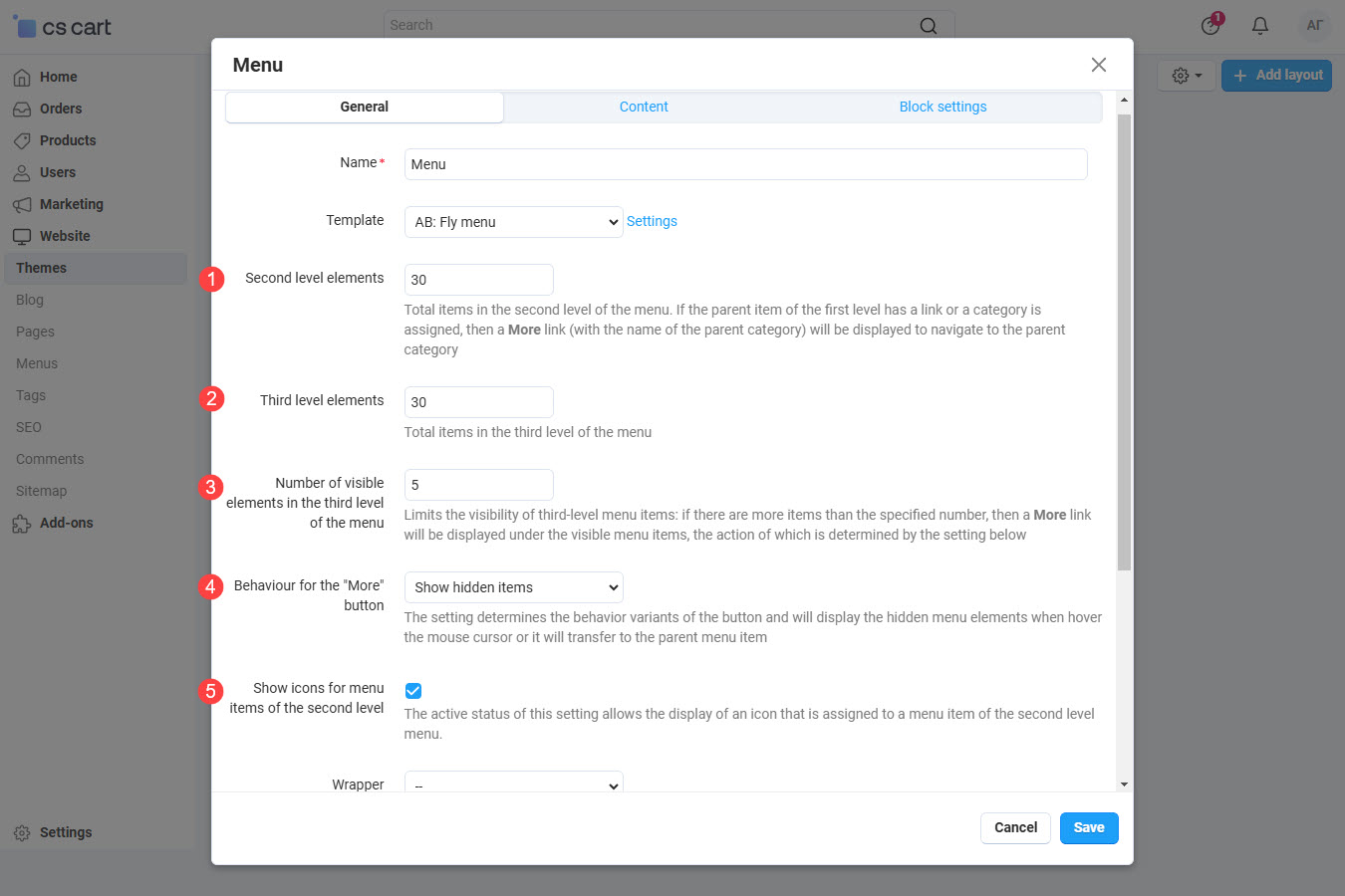 Settings of the "Fly menu" block