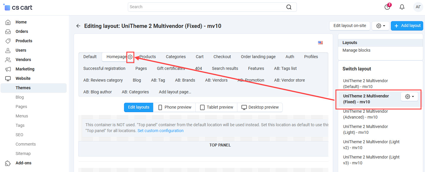 Editing properties of Homepage layout