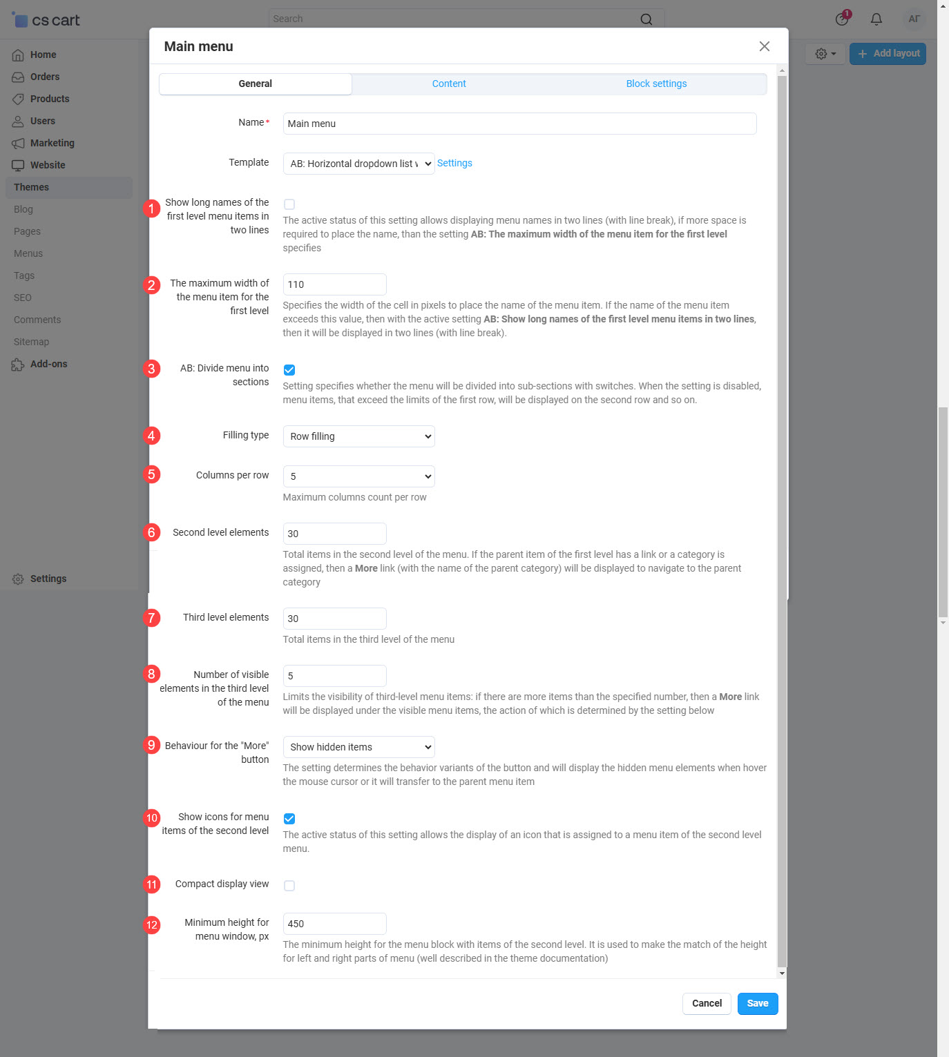 Additional settings for template - AB: Horizontal dropdown list with icons