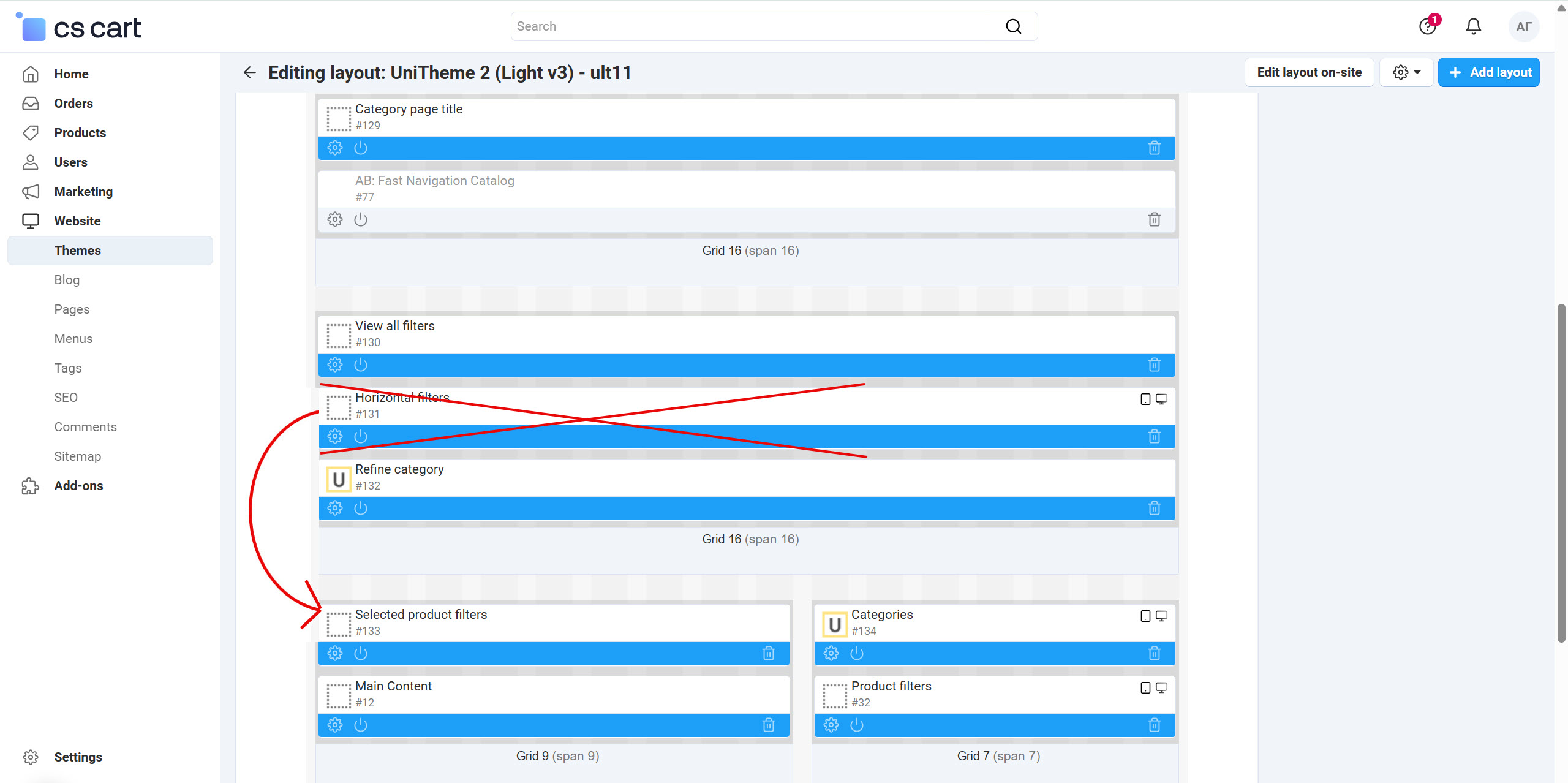 Example of location of horizontal filters for all devices
