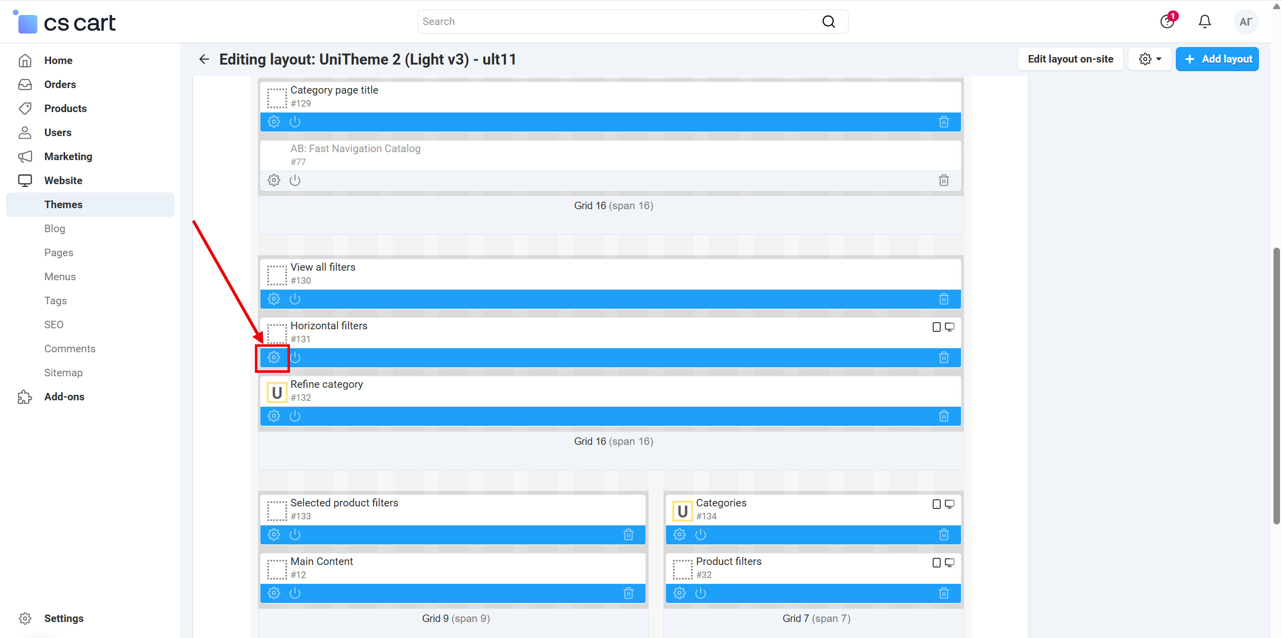 Page of layout "Categories" with the block "Horizontal filters"
