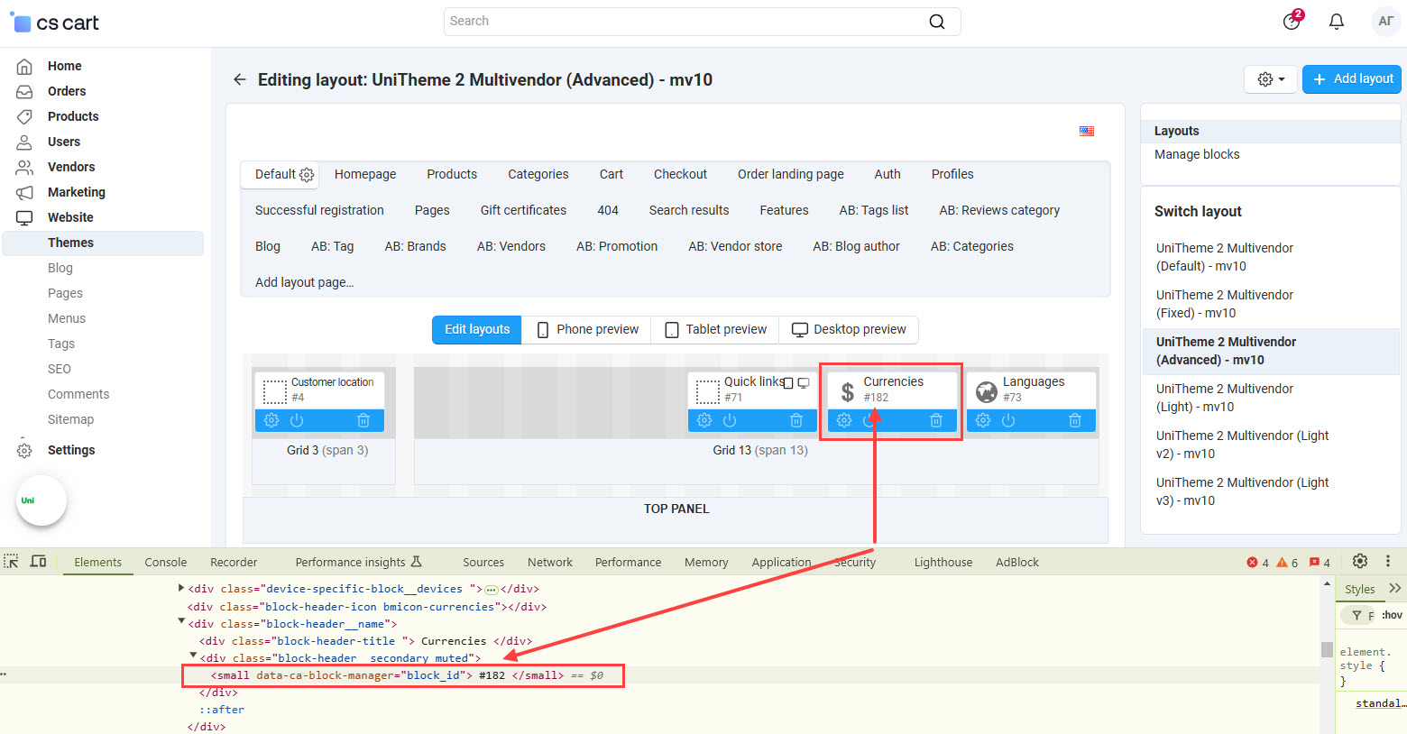 How to find out block id in CS-Cart layouts (just for example)