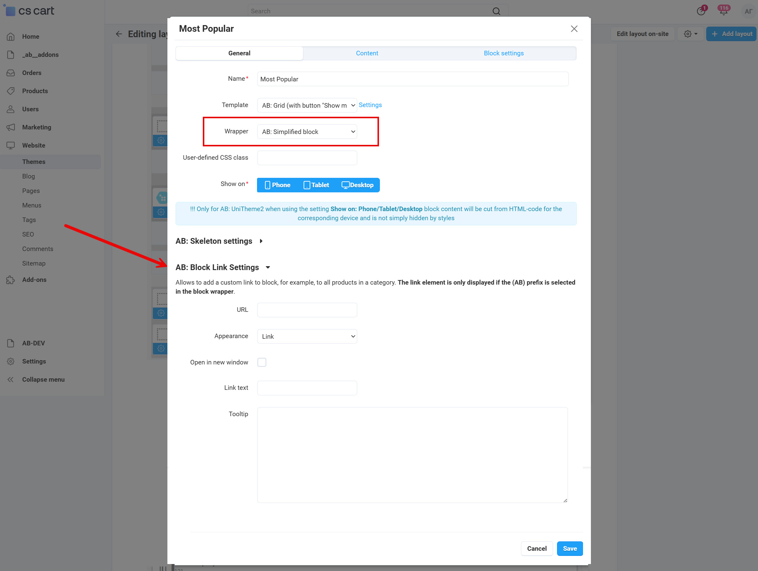 Extra settings for block link