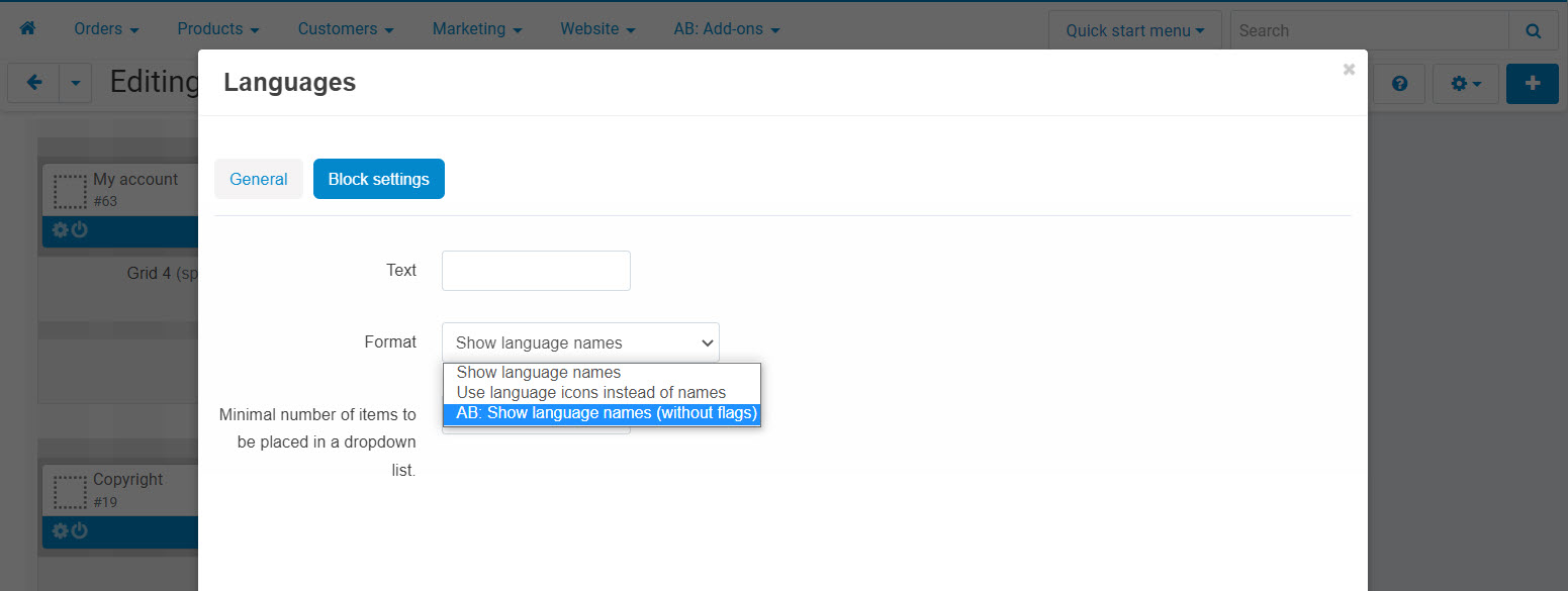 Display format "AB: Show language names (without flags)" from UniTheme2