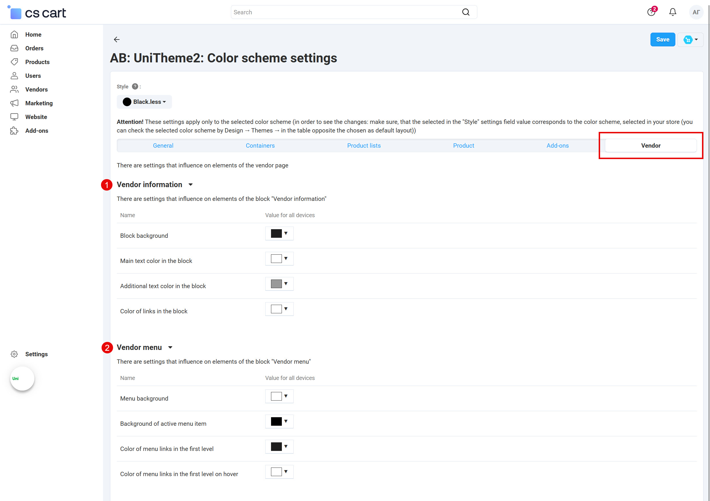 Color scheme settings for personal design of pages and blocks of vendor