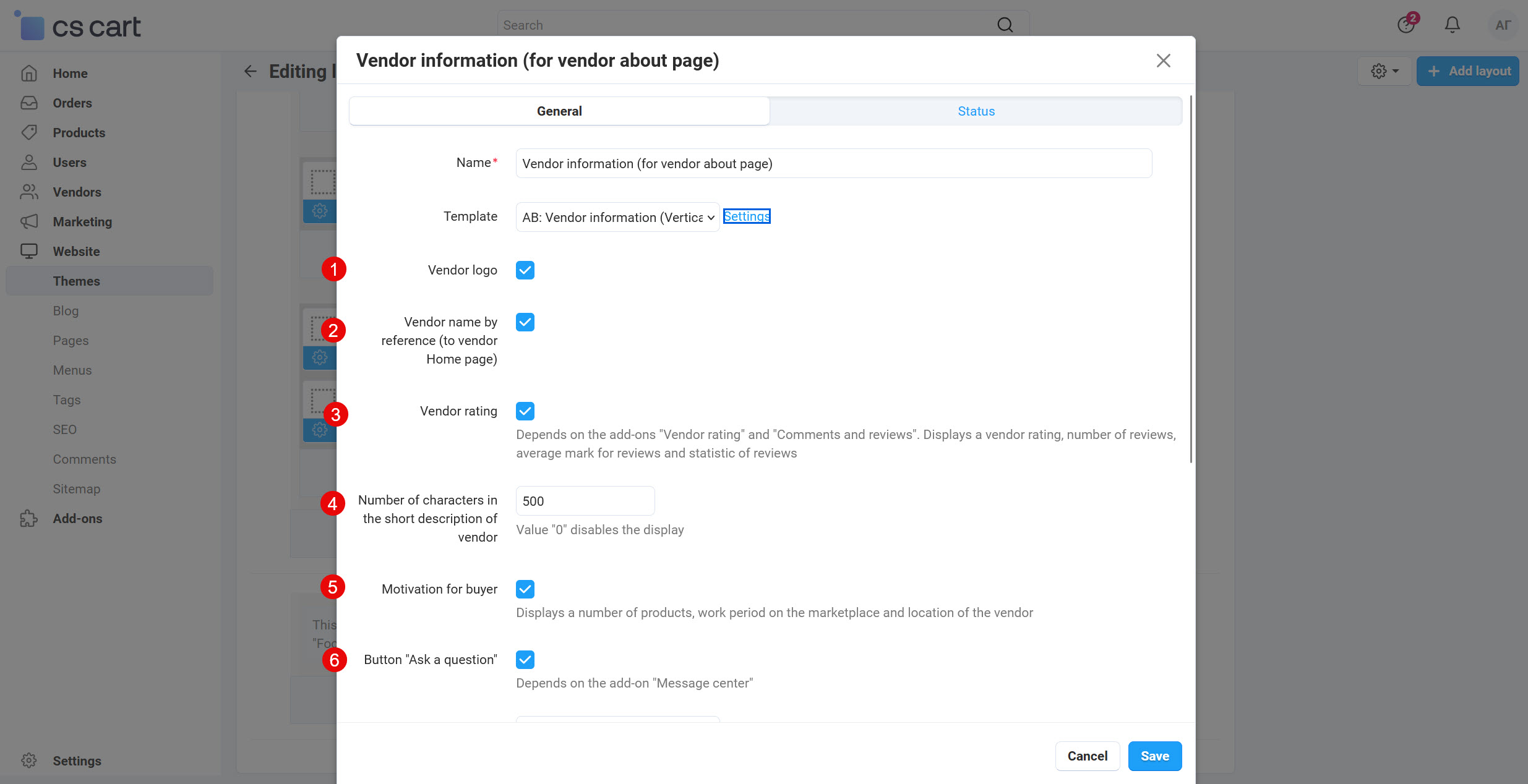 Settings of the block "Vendor information (for vendor about page)"