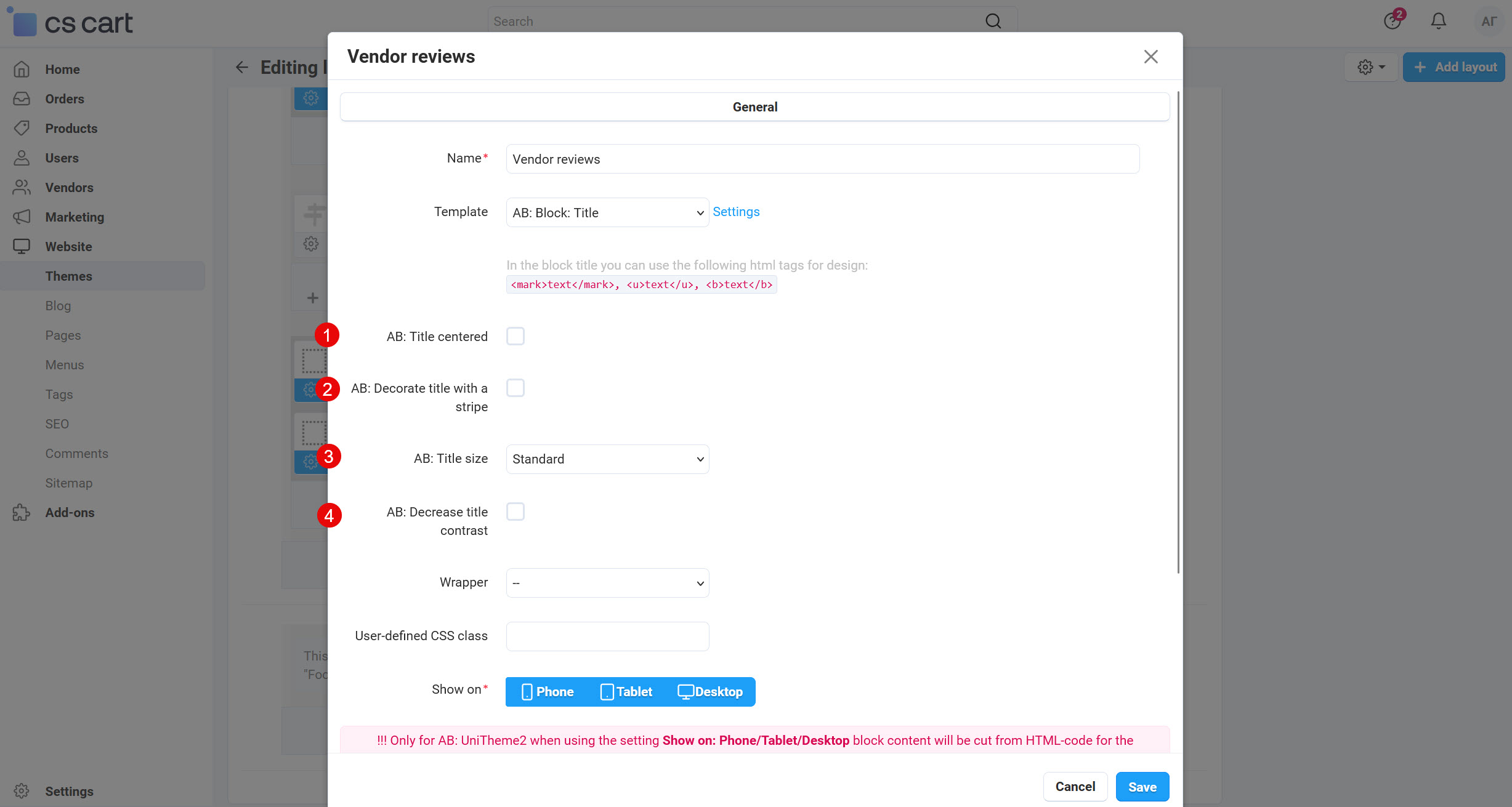 Settings of the block "Vendor reviews"