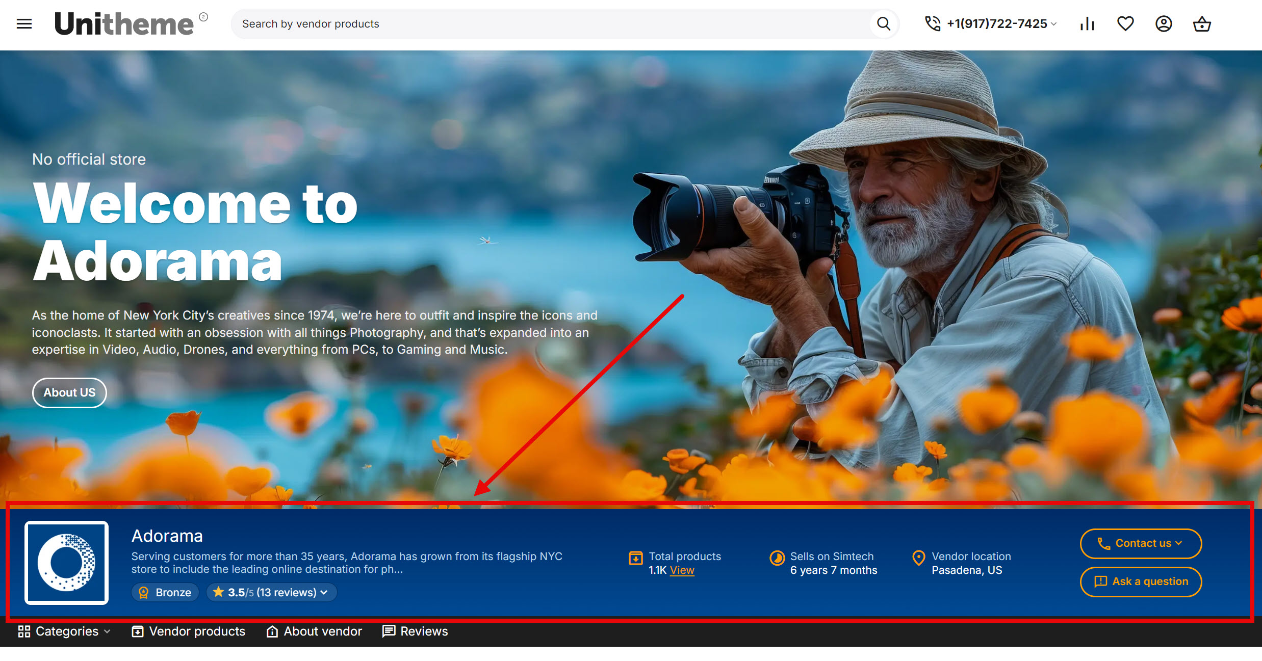 Example of the block with the template "Vendor information"  on the page "AB: Vendor micro-store"