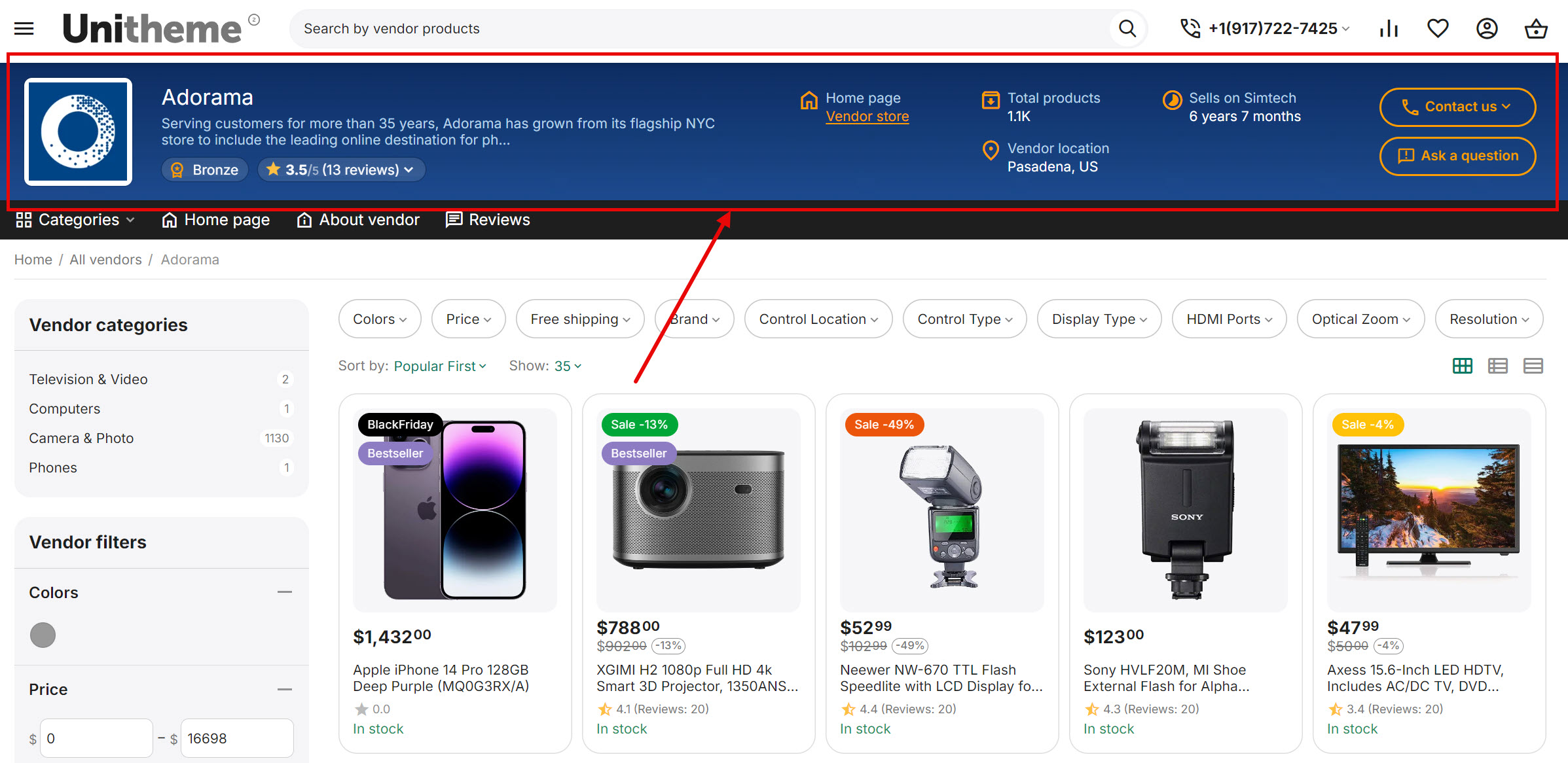Example of the block with the template "Vendor information"  on the page "AB: Vendor products"