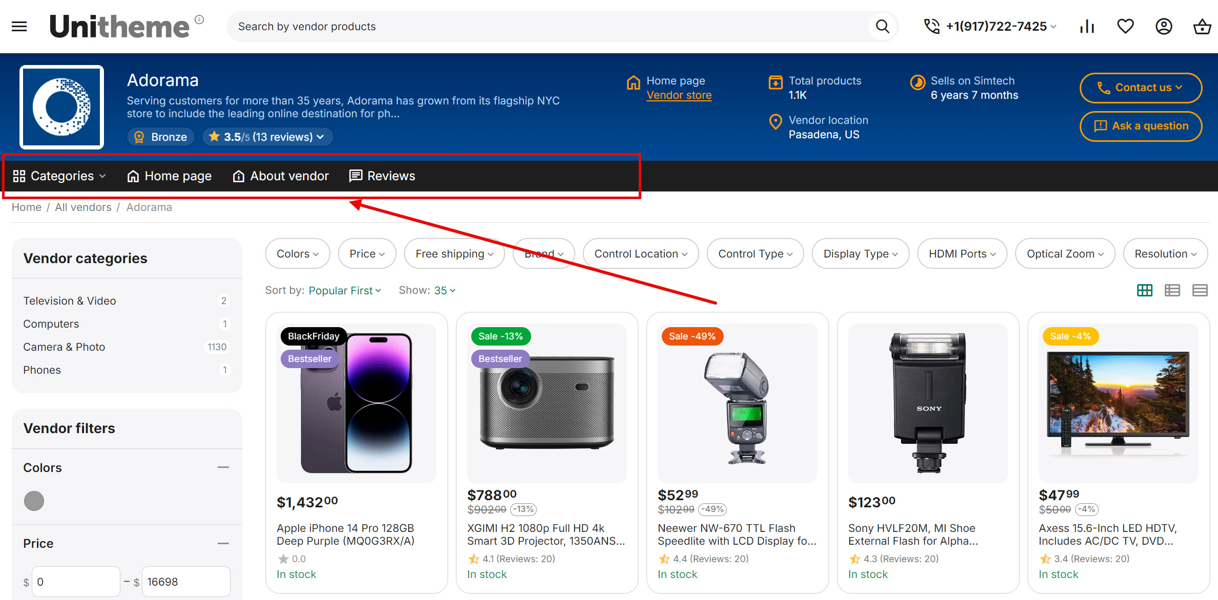 Example of the block AB: Vendor menu" on storefront