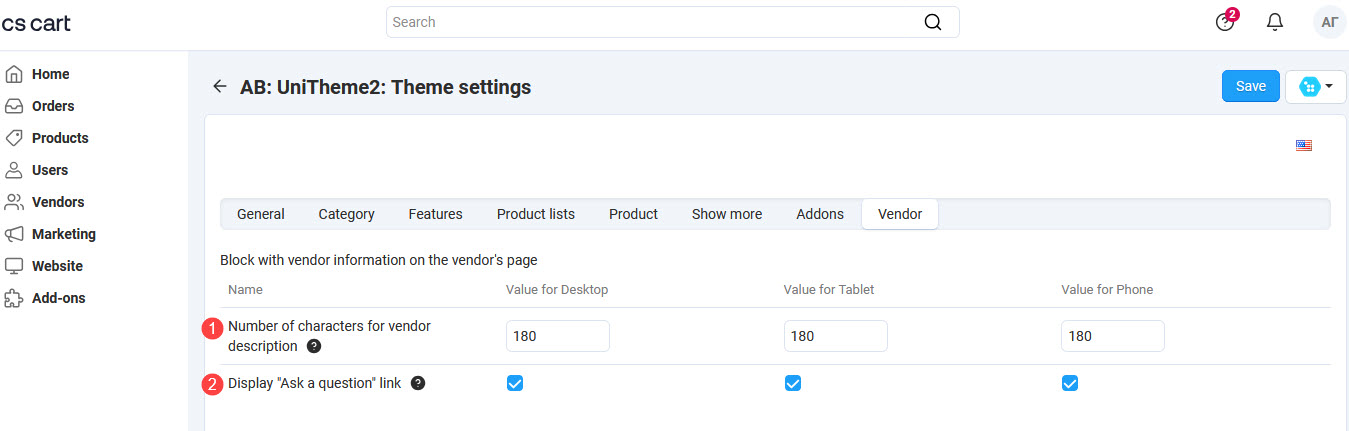 Theme settings - Vendor page 