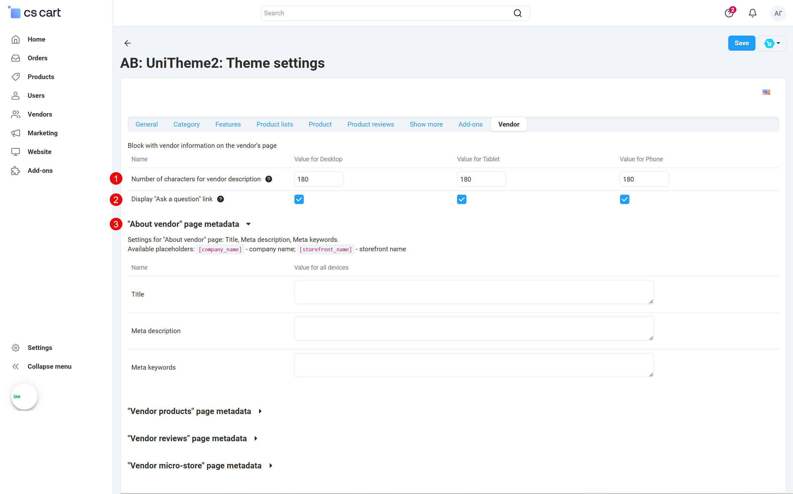 Theme settings - Vendor page 