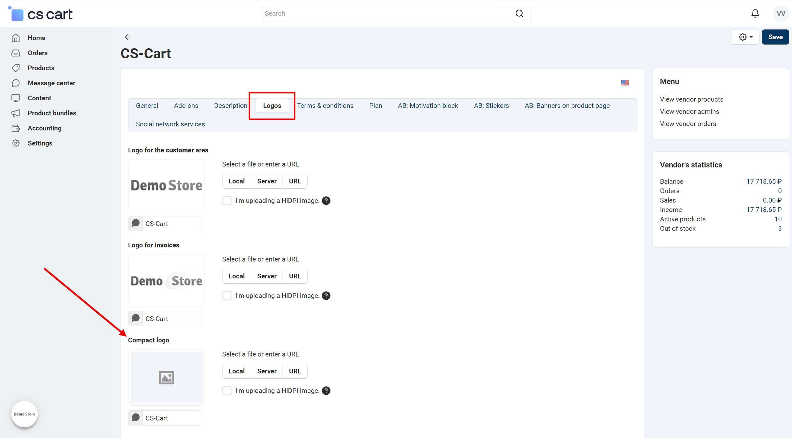 Page "Seller info", tab "Logos"