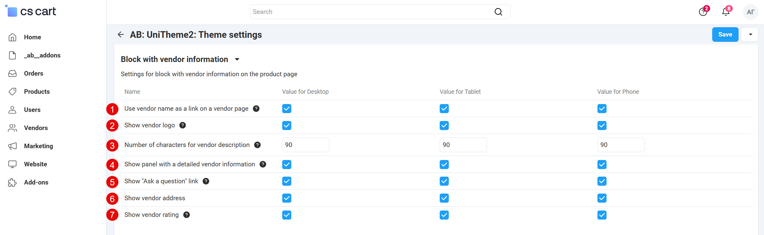 Theme settings - Vendor settings on product page